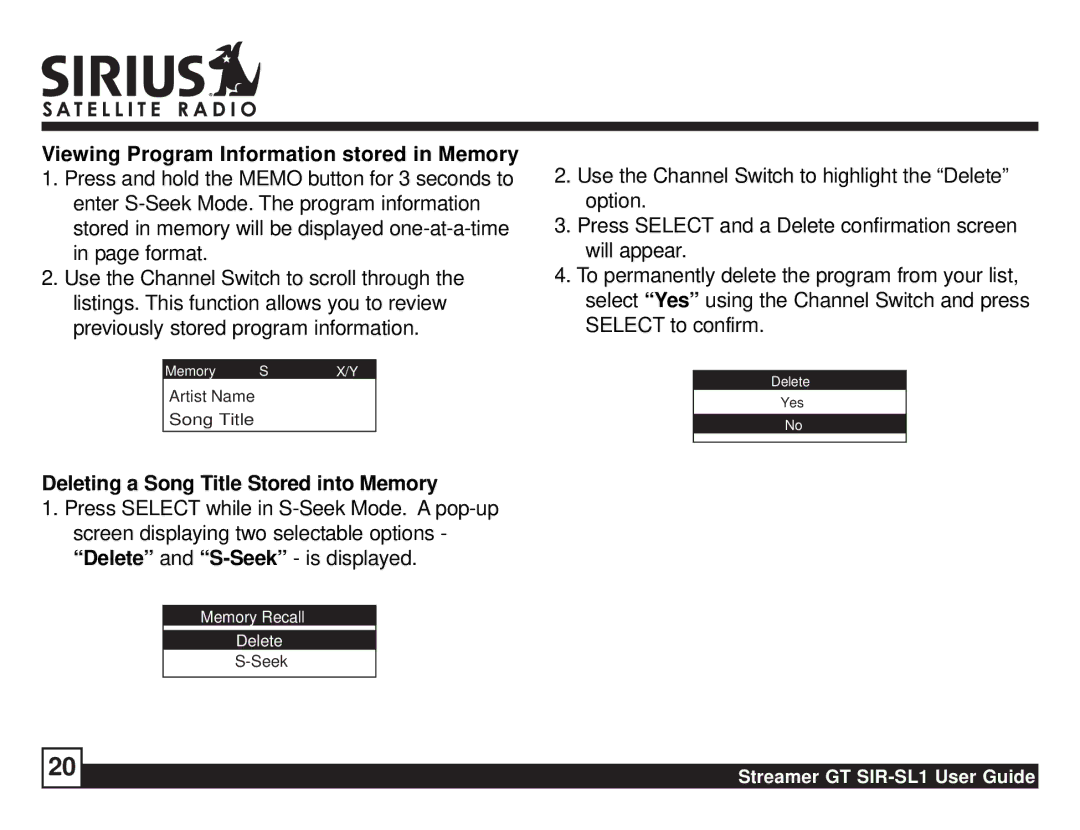 Sirius Satellite Radio SIR-SL1 manual Viewing Program Information stored in Memory 