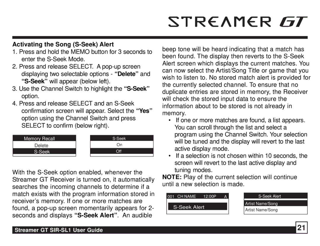 Sirius Satellite Radio SIR-SL1 manual Activating the Song S-Seek Alert 