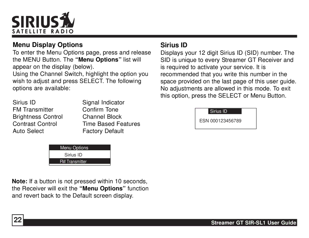 Sirius Satellite Radio SIR-SL1 manual Menu Display Options, Sirius ID 