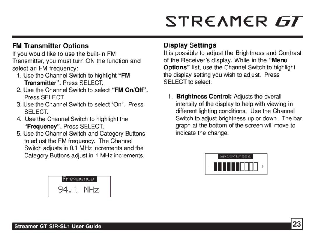 Sirius Satellite Radio SIR-SL1 manual FM Transmitter Options, Display Settings 