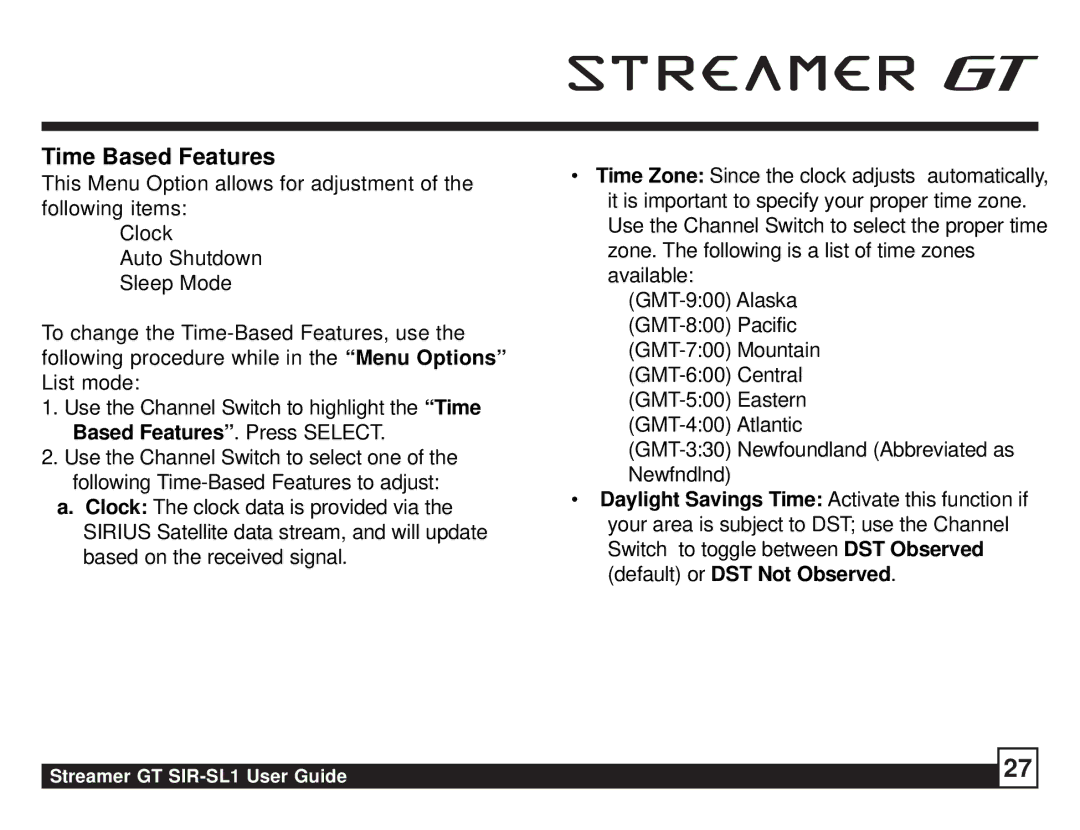 Sirius Satellite Radio SIR-SL1 manual Time Based Features 