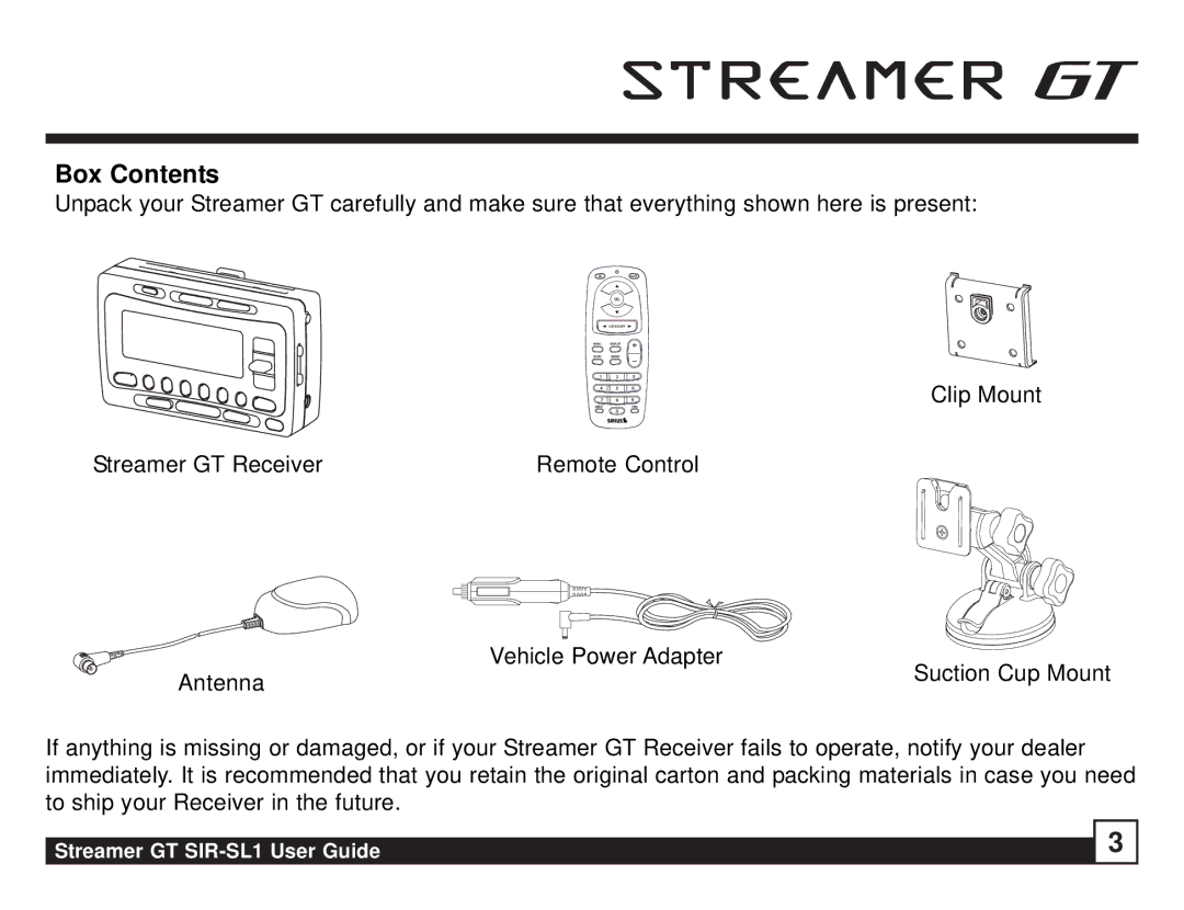 Sirius Satellite Radio SIR-SL1 manual Box Contents 