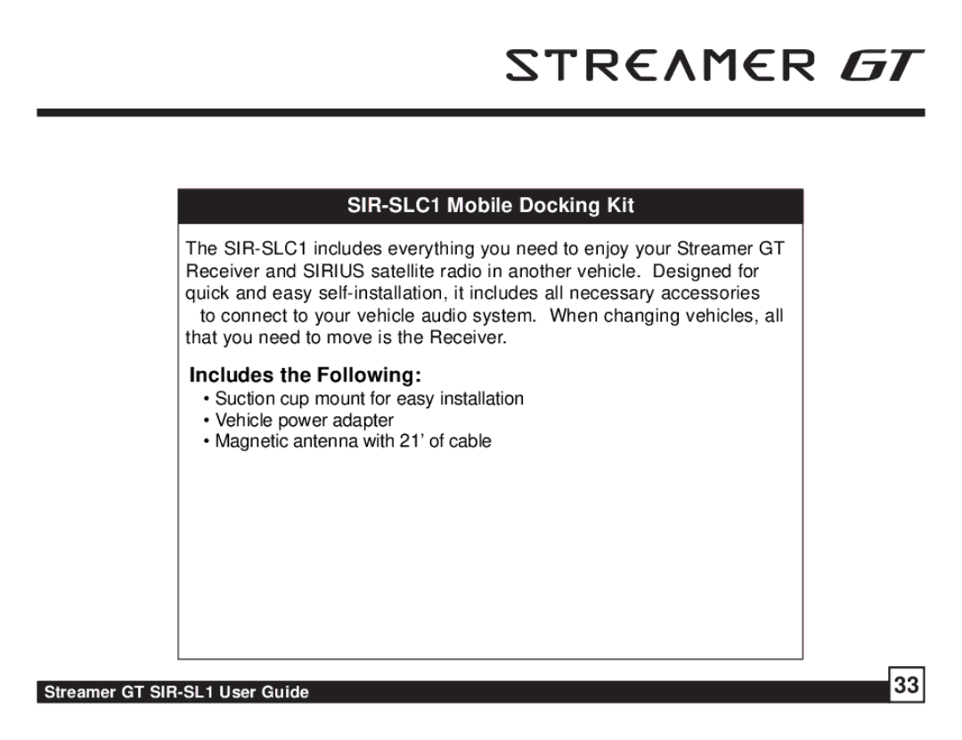 Sirius Satellite Radio SIR-SL1 manual SIR-SLC1 Mobile Docking Kit 