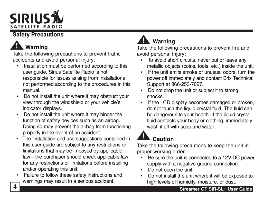 Sirius Satellite Radio SIR-SL1 manual Safety Precautions 