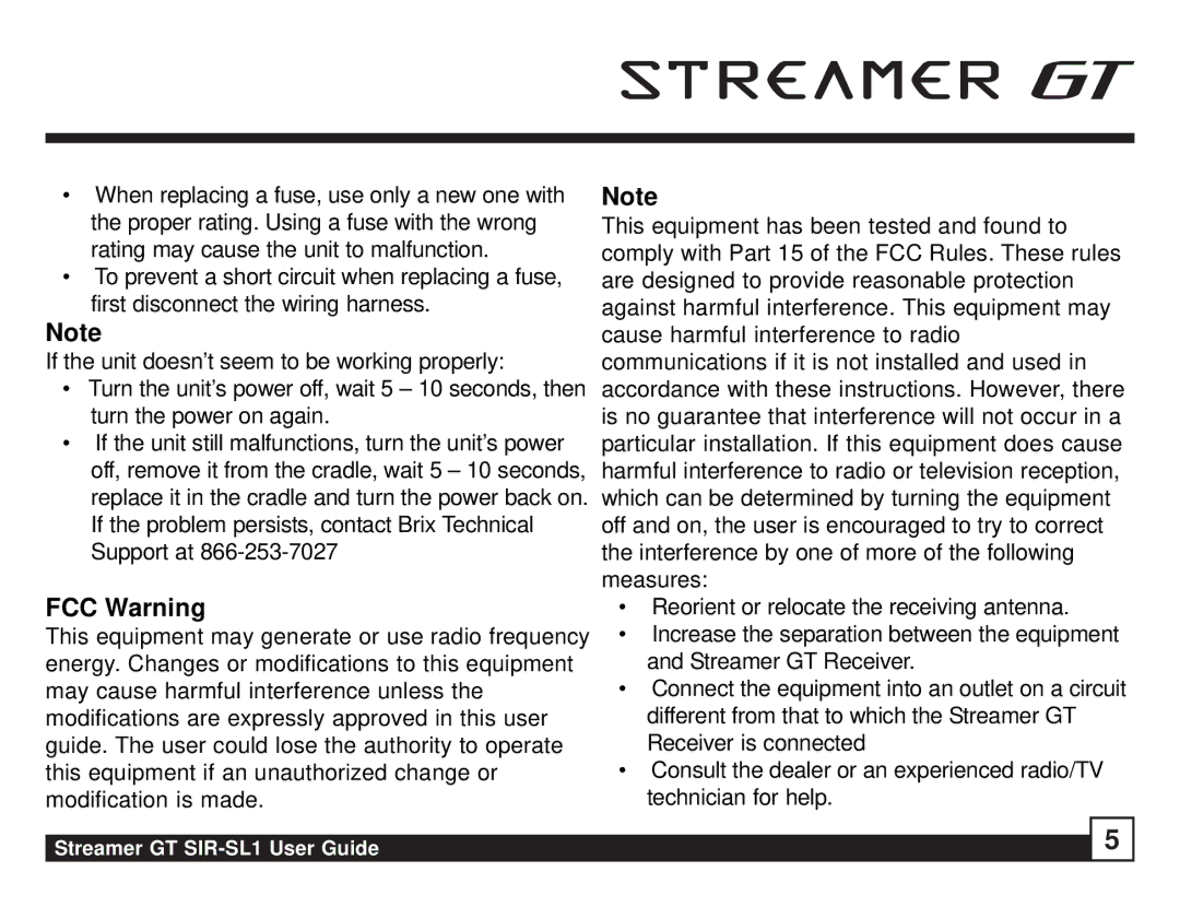 Sirius Satellite Radio SIR-SL1 manual FCC Warning 