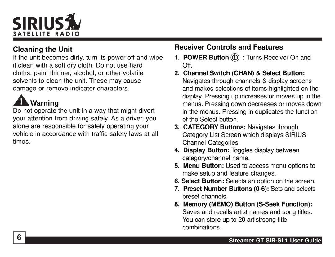 Sirius Satellite Radio SIR-SL1 manual Cleaning the Unit, Receiver Controls and Features 