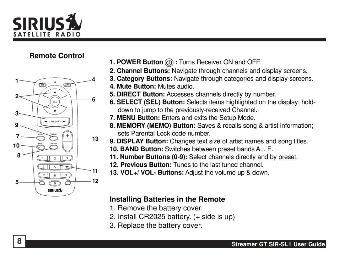 Sirius Satellite Radio SIR-SL1 manual Remote Control, Installing Batteries in the Remote 