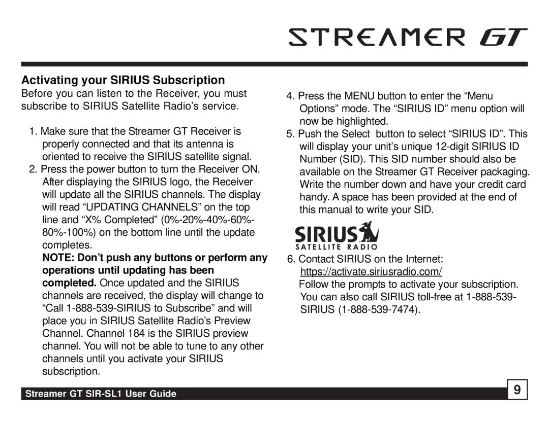 Sirius Satellite Radio SIR-SL1 manual Activating your Sirius Subscription 