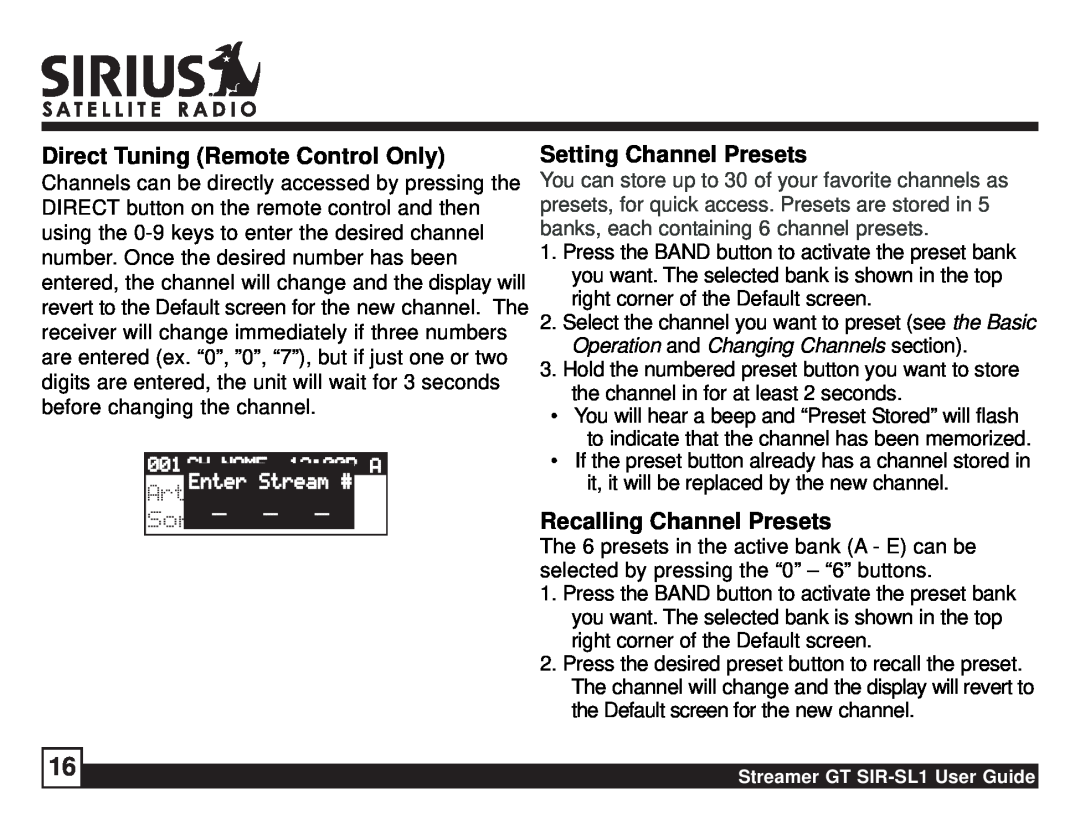 Sirius Satellite Radio SIR-SL1 manual Direct Tuning Remote Control Only, Setting Channel Presets, Recalling Channel Presets 