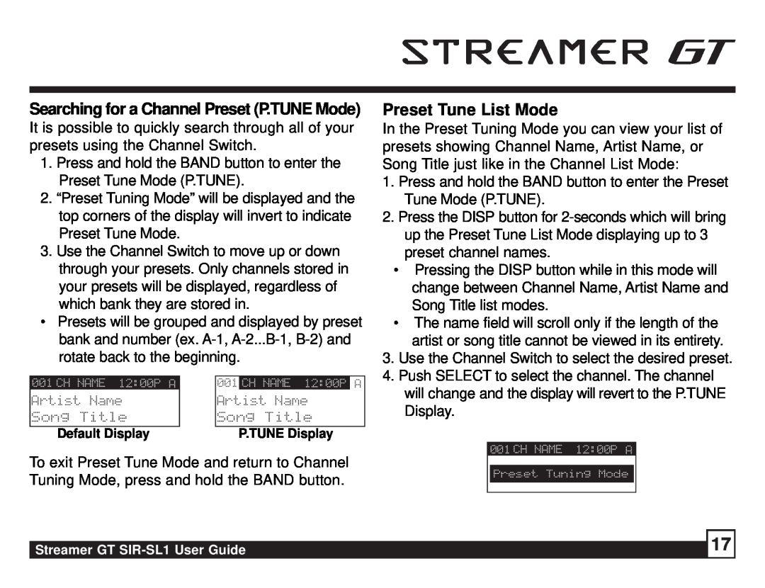 Sirius Satellite Radio SIR-SL1 manual Preset Tune List Mode, Searching for a Channel Preset P.TUNE Mode 