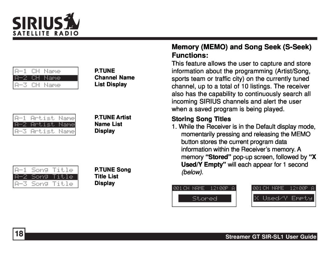 Sirius Satellite Radio SIR-SL1 manual Memory MEMO and Song Seek S-SeekFunctions, Storing Song Titles 