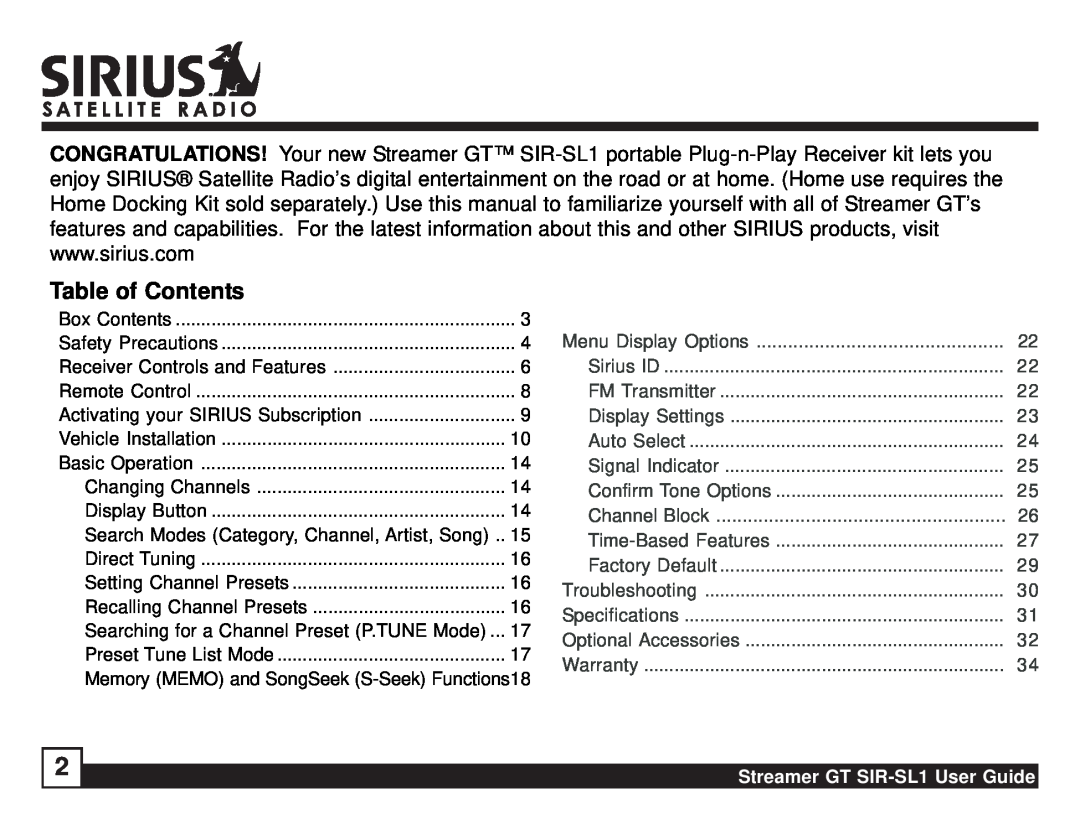 Sirius Satellite Radio manual Table of Contents, Streamer GT SIR-SL1User Guide 