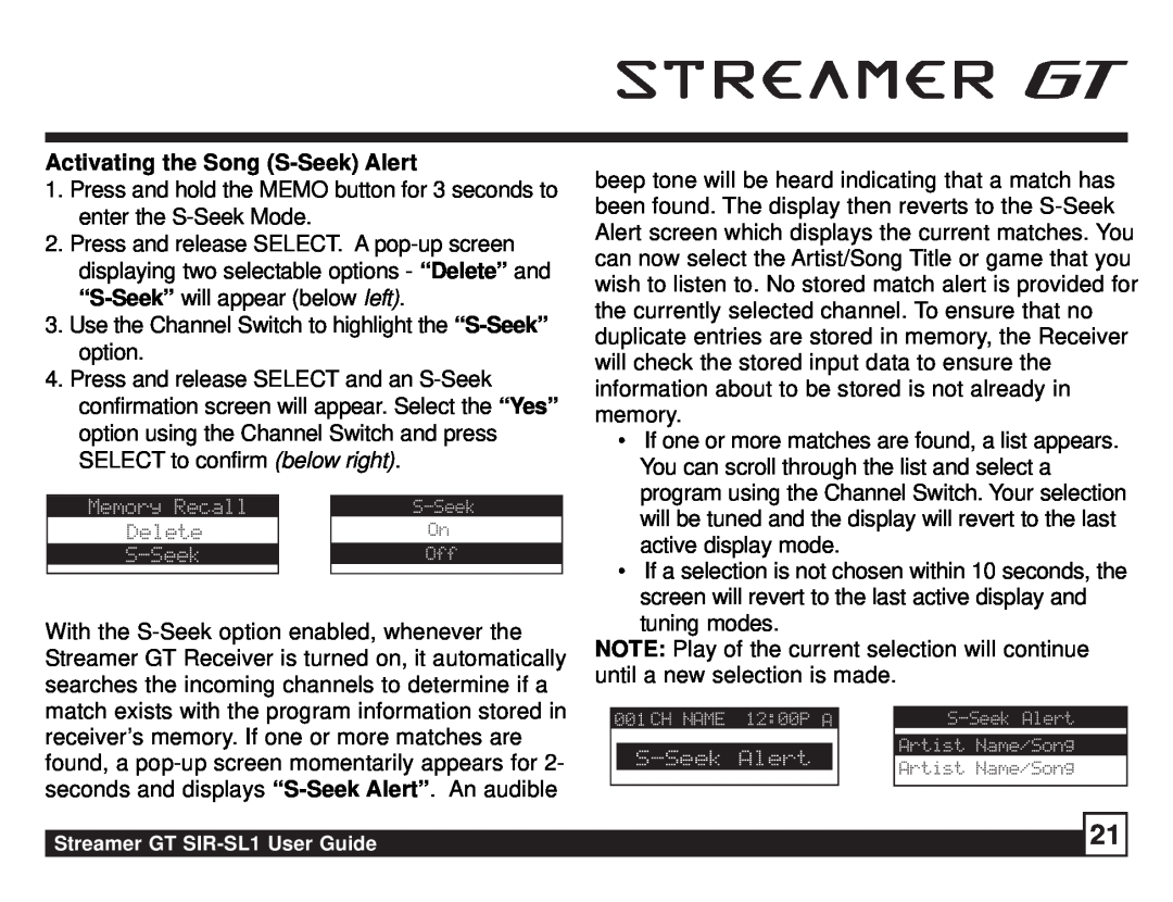 Sirius Satellite Radio SIR-SL1 manual Activating the Song S-SeekAlert 