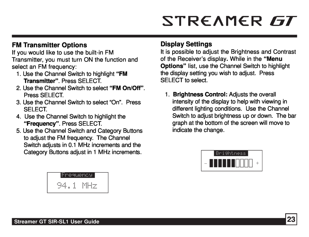 Sirius Satellite Radio SIR-SL1 manual 94.1 MHz, FM Transmitter Options, Display Settings 