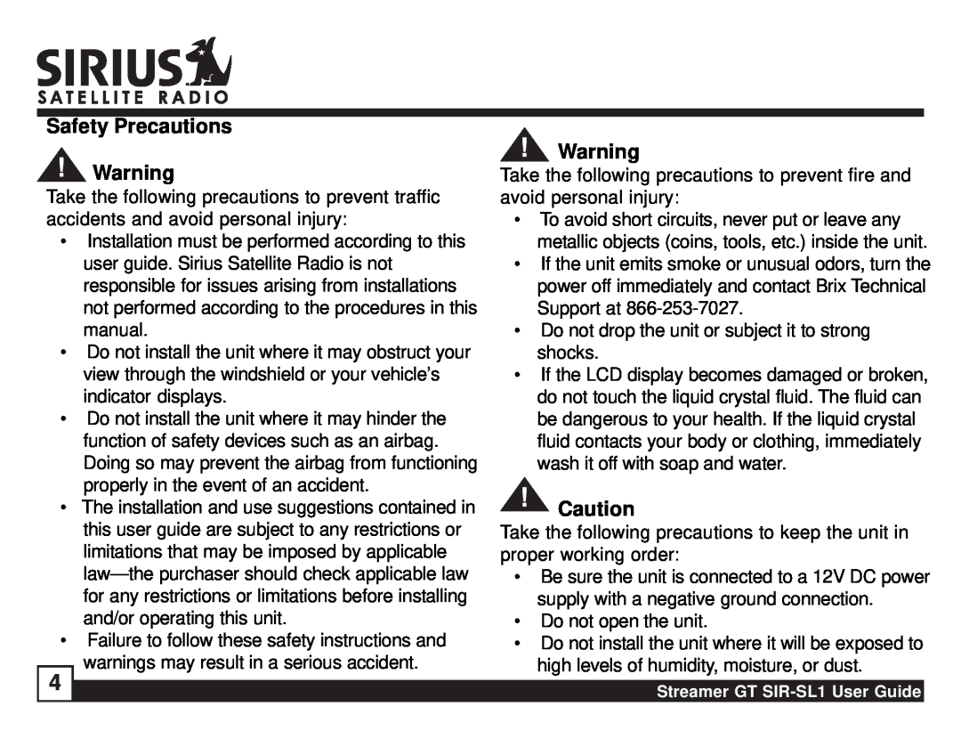 Sirius Satellite Radio SIR-SL1 manual Safety Precautions 