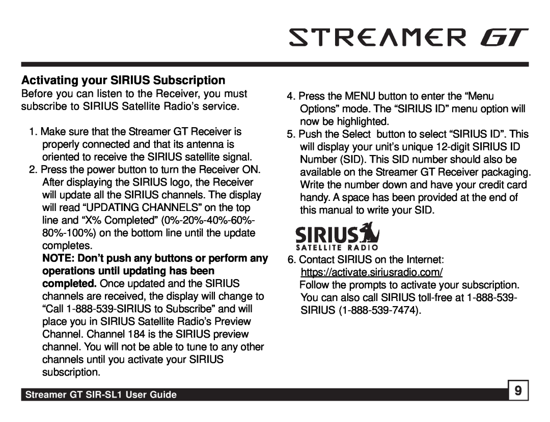 Sirius Satellite Radio SIR-SL1 manual Activating your SIRIUS Subscription 