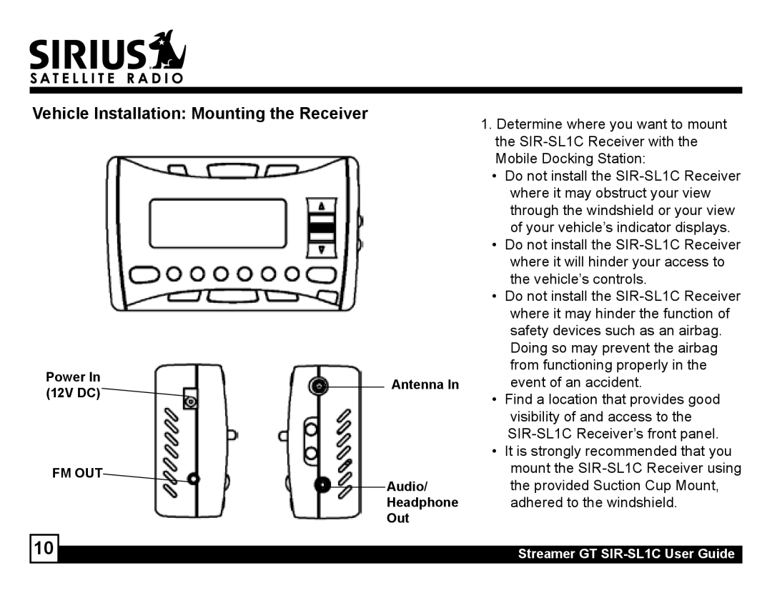 Sirius Satellite Radio SIR-SL1C manual Vehicle Installation Mounting the Receiver 