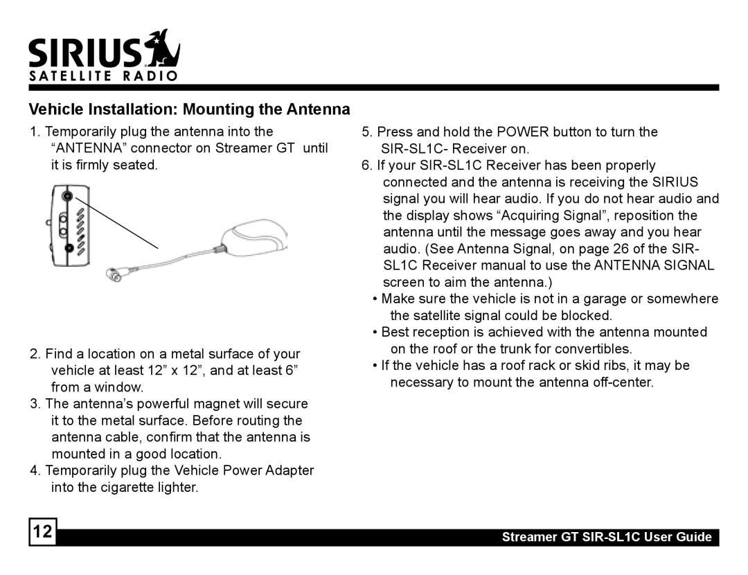 Sirius Satellite Radio SIR-SL1C manual Vehicle Installation Mounting the Antenna 