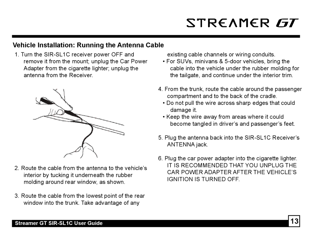 Sirius Satellite Radio SIR-SL1C Vehicle Installation Running the Antenna Cable, Existing cable channels or wiring conduits 