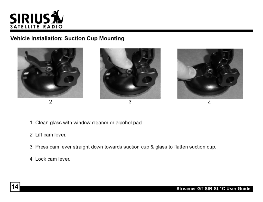 Sirius Satellite Radio SIR-SL1C manual Vehicle Installation Suction Cup Mounting 