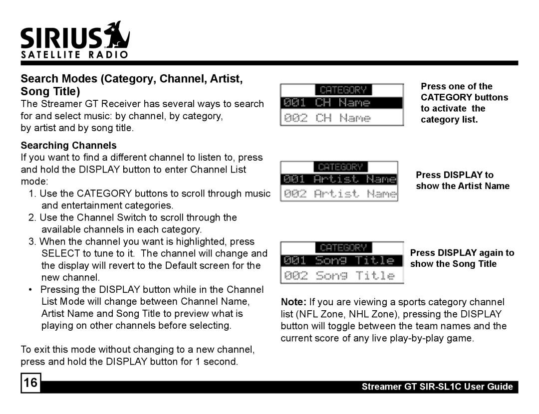 Sirius Satellite Radio SIR-SL1C manual Search Modes Category, Channel, Artist, Song Title, Searching Channels 