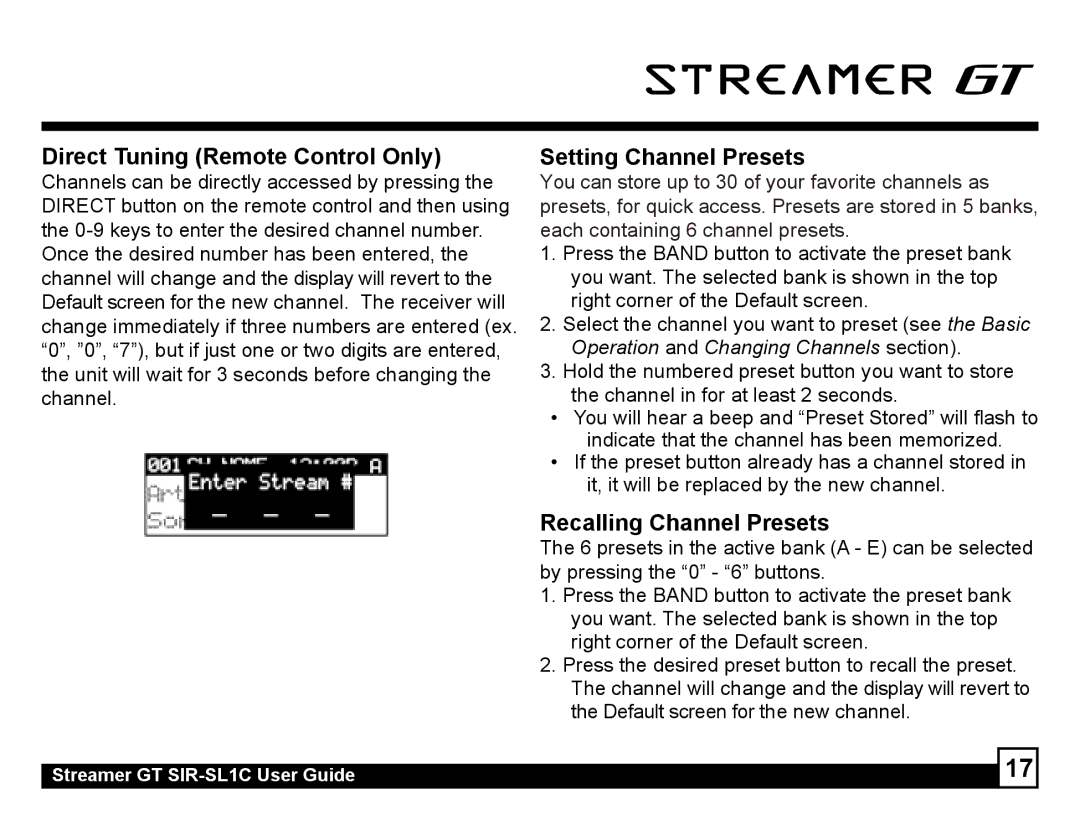 Sirius Satellite Radio SIR-SL1C Direct Tuning Remote Control Only, Setting Channel Presets, Recalling Channel Presets 