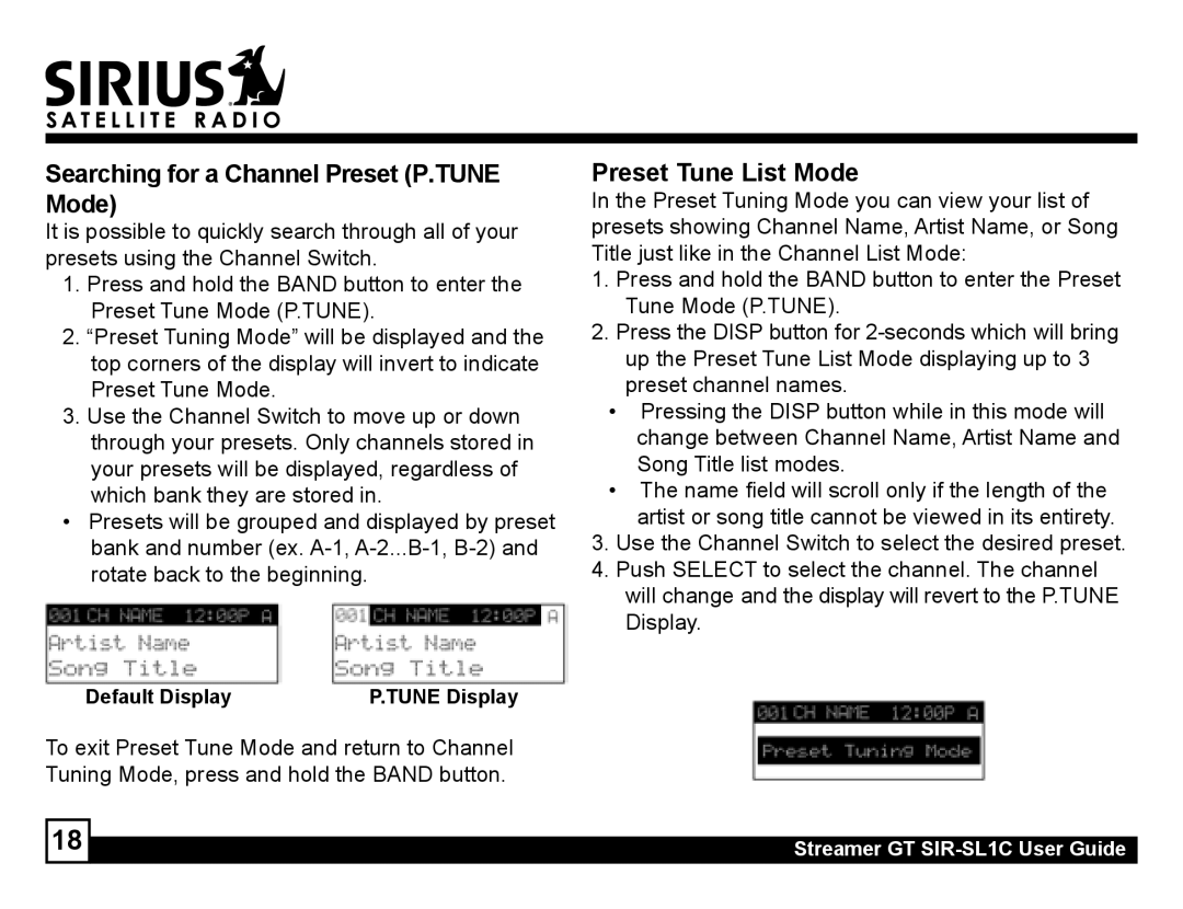 Sirius Satellite Radio SIR-SL1C manual Searching for a Channel Preset P.TUNE Mode, Preset Tune List Mode 