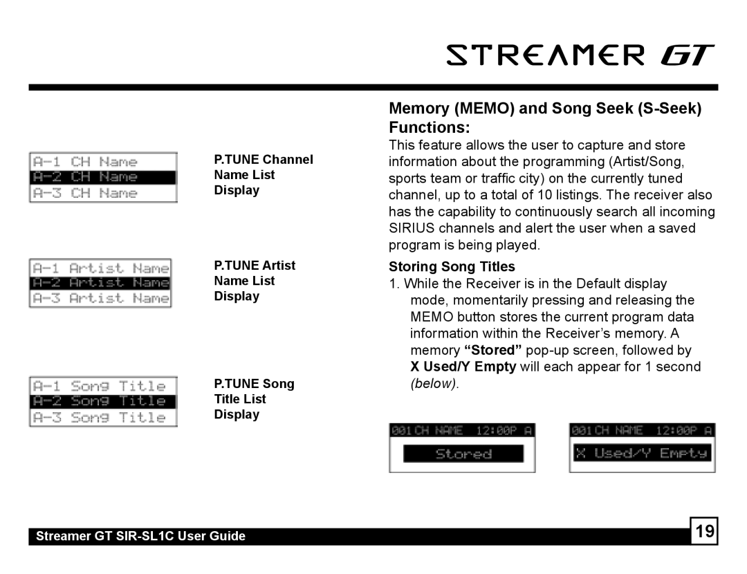 Sirius Satellite Radio SIR-SL1C manual Memory Memo and Song Seek S-Seek Functions, Storing Song Titles 