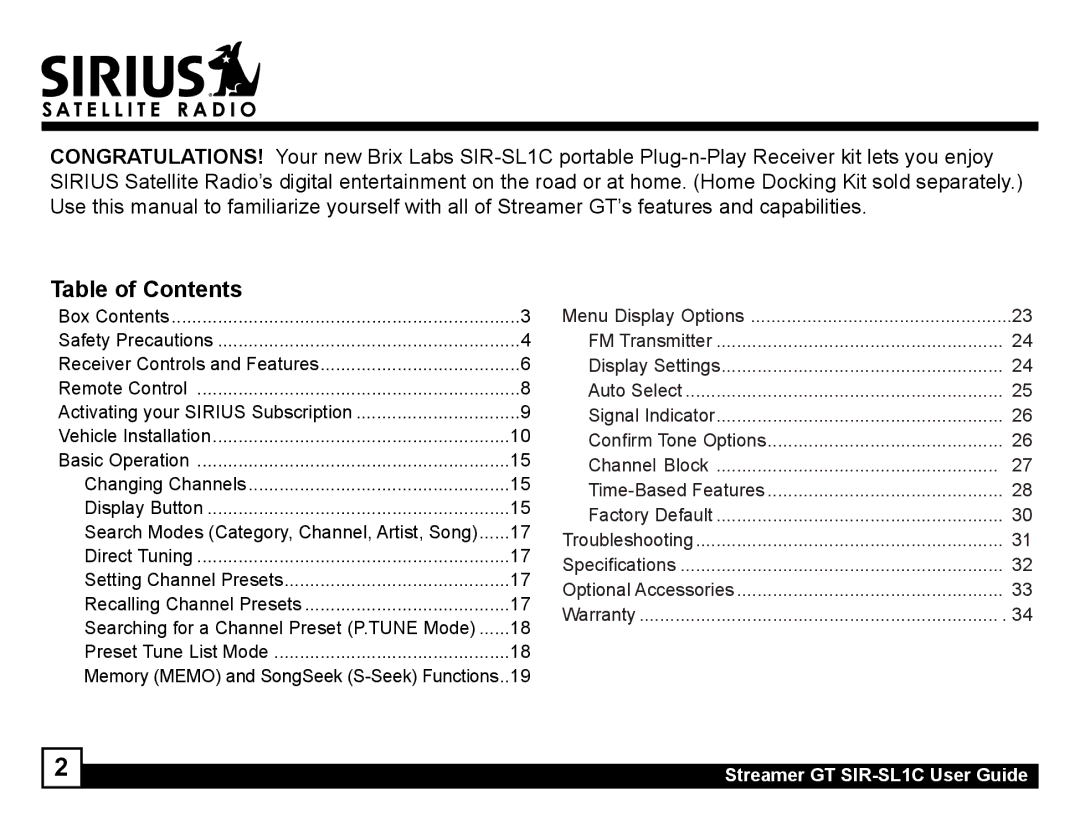 Sirius Satellite Radio SIR-SL1C manual Table of Contents 