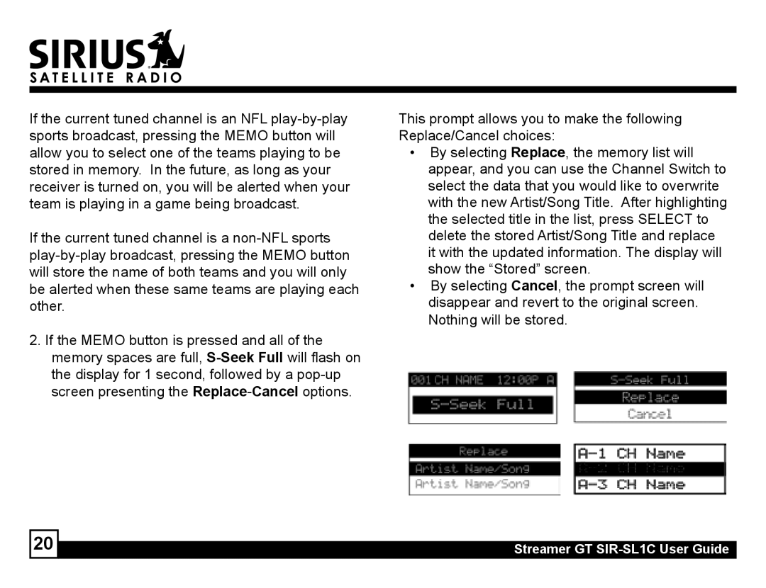 Sirius Satellite Radio manual Streamer GT SIR-SL1C User Guide 