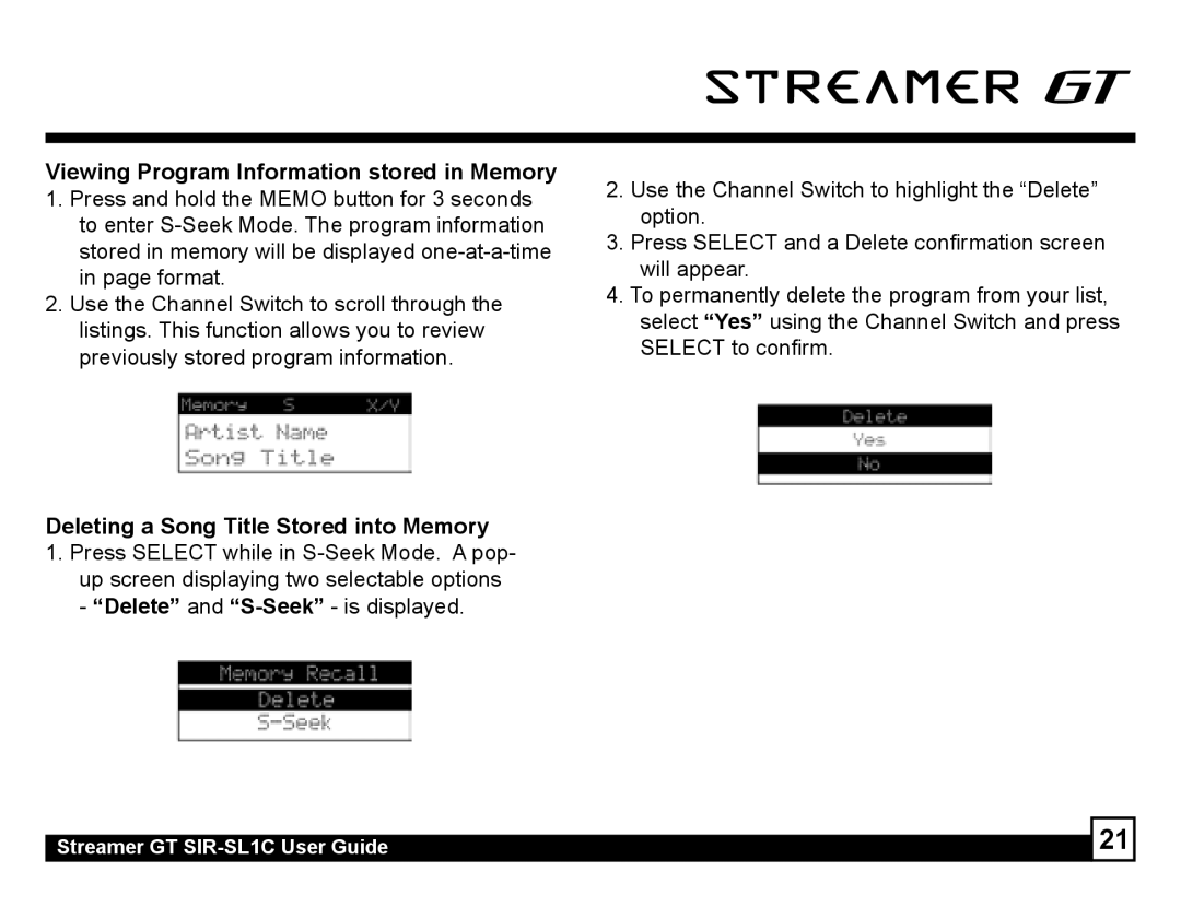 Sirius Satellite Radio SIR-SL1C manual Viewing Program Information stored in Memory 