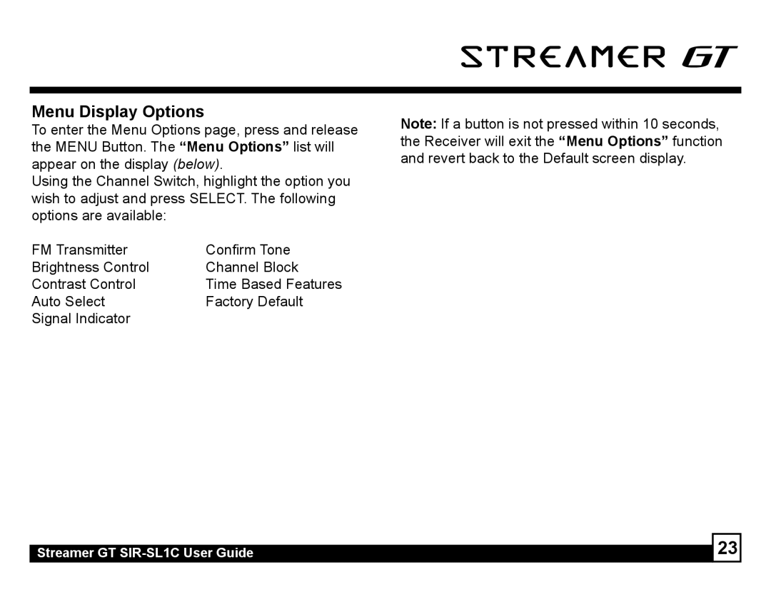 Sirius Satellite Radio SIR-SL1C manual Menu Display Options 