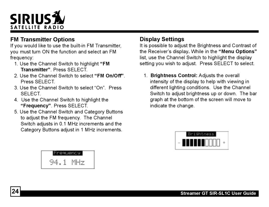 Sirius Satellite Radio SIR-SL1C manual FM Transmitter Options, Display Settings 