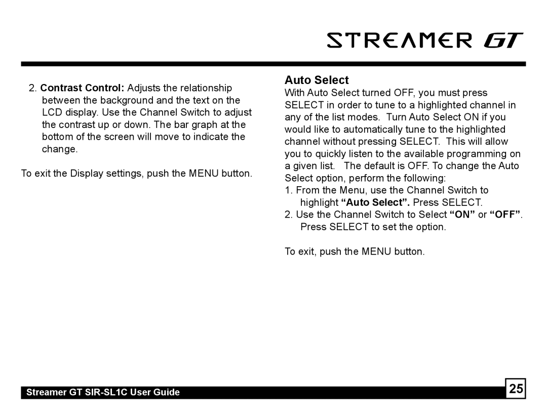 Sirius Satellite Radio SIR-SL1C manual Auto Select 