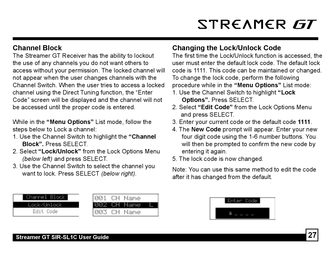 Sirius Satellite Radio SIR-SL1C manual Channel Block, Changing the Lock/Unlock Code 