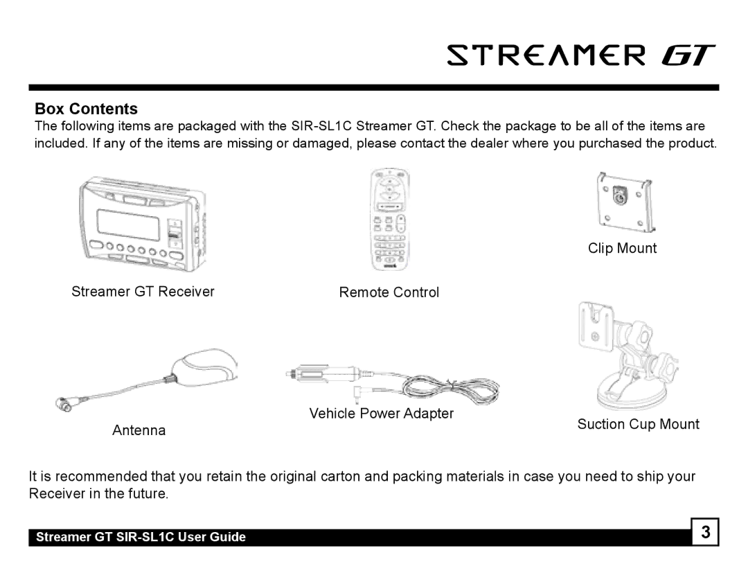 Sirius Satellite Radio SIR-SL1C manual Box Contents 