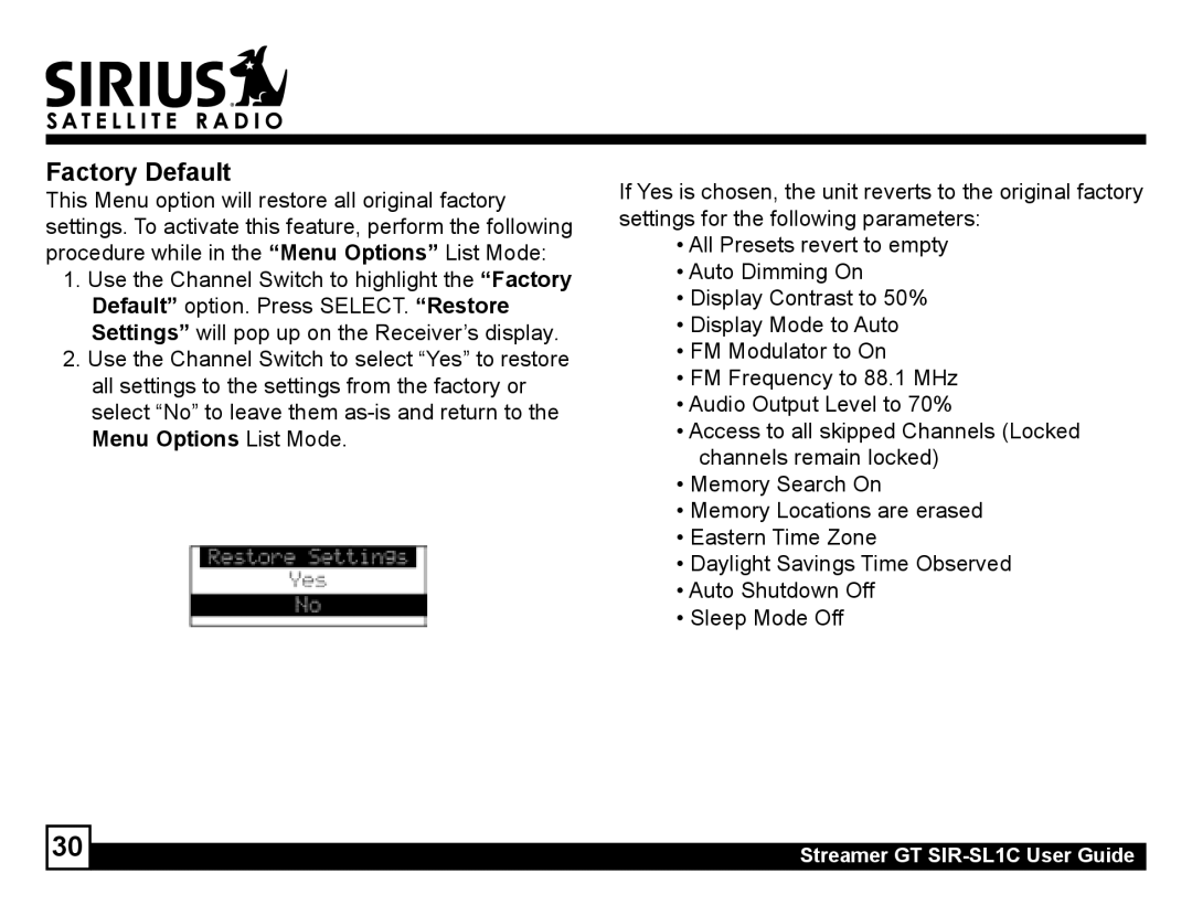 Sirius Satellite Radio SIR-SL1C manual Factory Default 