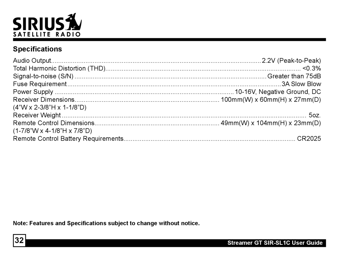 Sirius Satellite Radio SIR-SL1C manual Specifications 