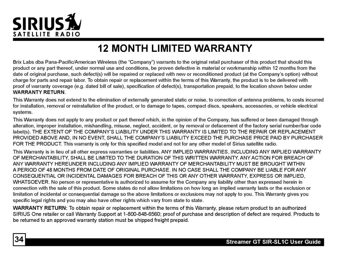 Sirius Satellite Radio SIR-SL1C manual Month Limited Warranty 