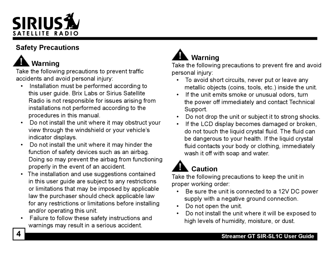 Sirius Satellite Radio SIR-SL1C manual Safety Precautions 