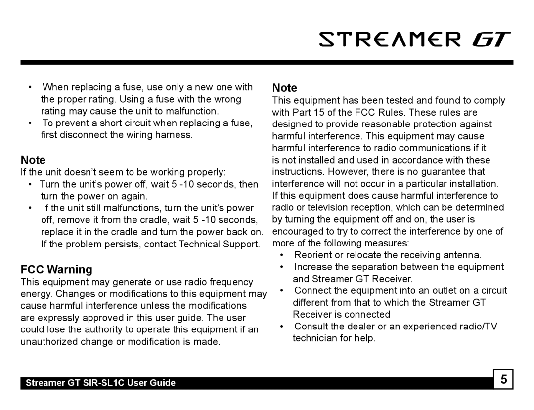 Sirius Satellite Radio SIR-SL1C manual FCC Warning, Unauthorized change or modification is made 