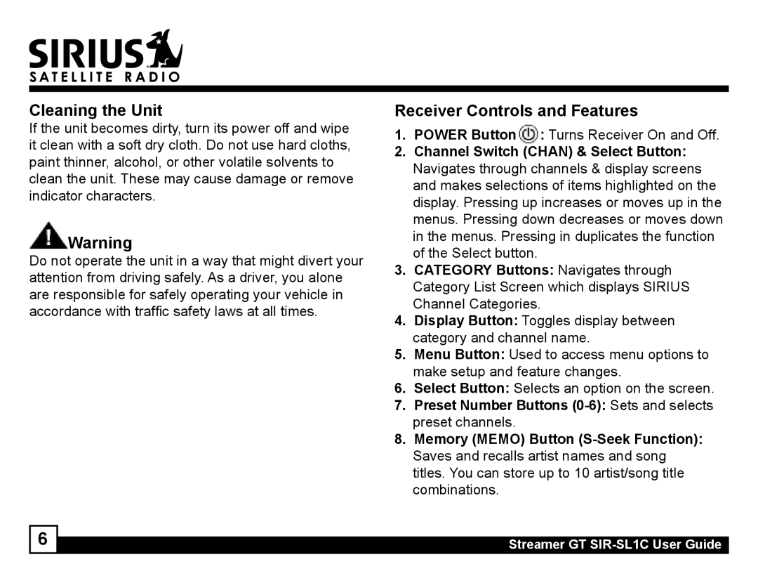 Sirius Satellite Radio SIR-SL1C manual Cleaning the Unit, Receiver Controls and Features 