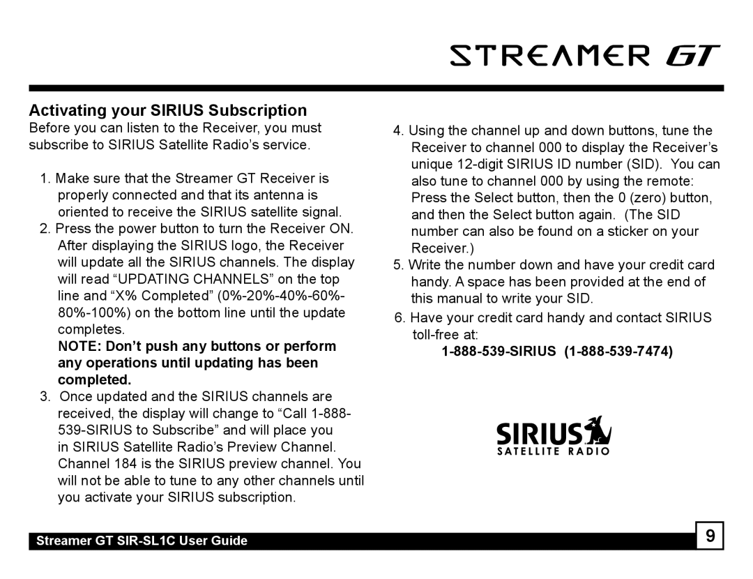 Sirius Satellite Radio SIR-SL1C manual Activating your Sirius Subscription 