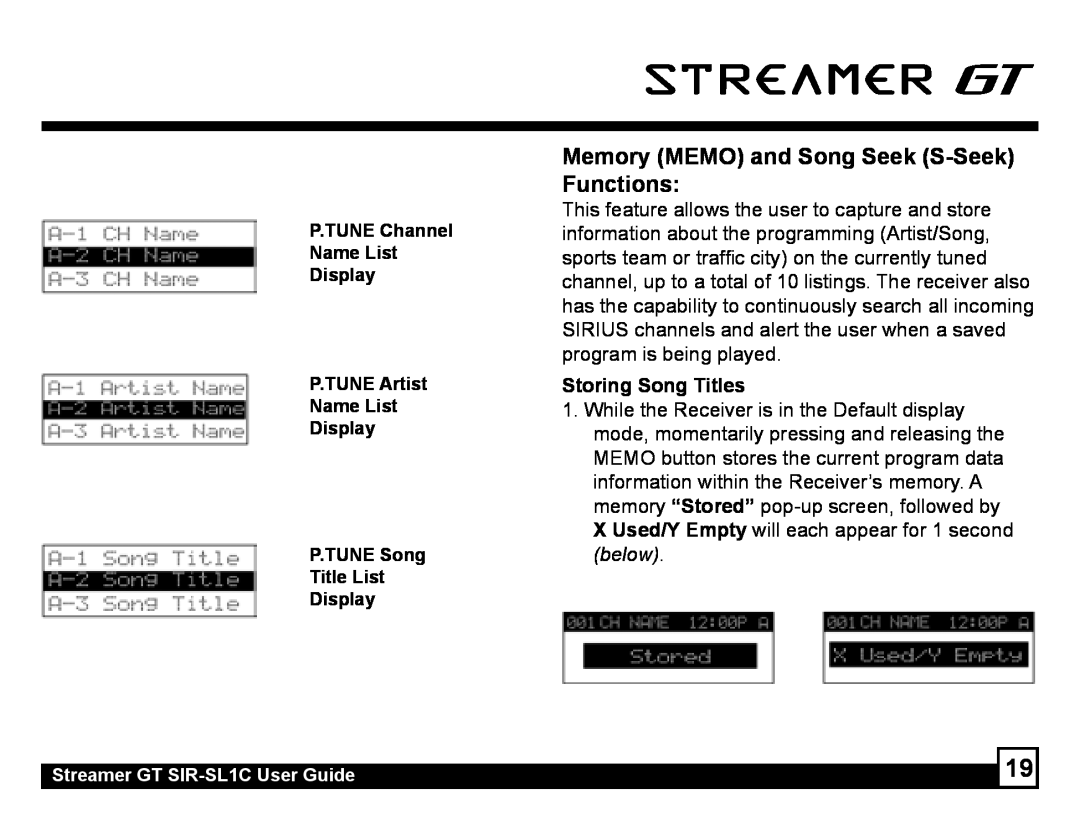 Sirius Satellite Radio SIR-SL1C manual Memory MEMO and Song Seek S-SeekFunctions, Storing Song Titles 