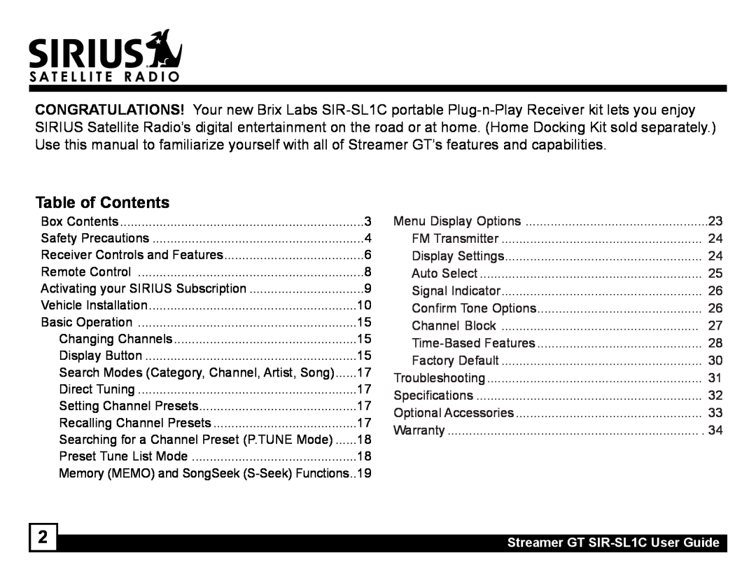 Sirius Satellite Radio manual Table of Contents, Streamer GT SIR-SL1CUser Guide 