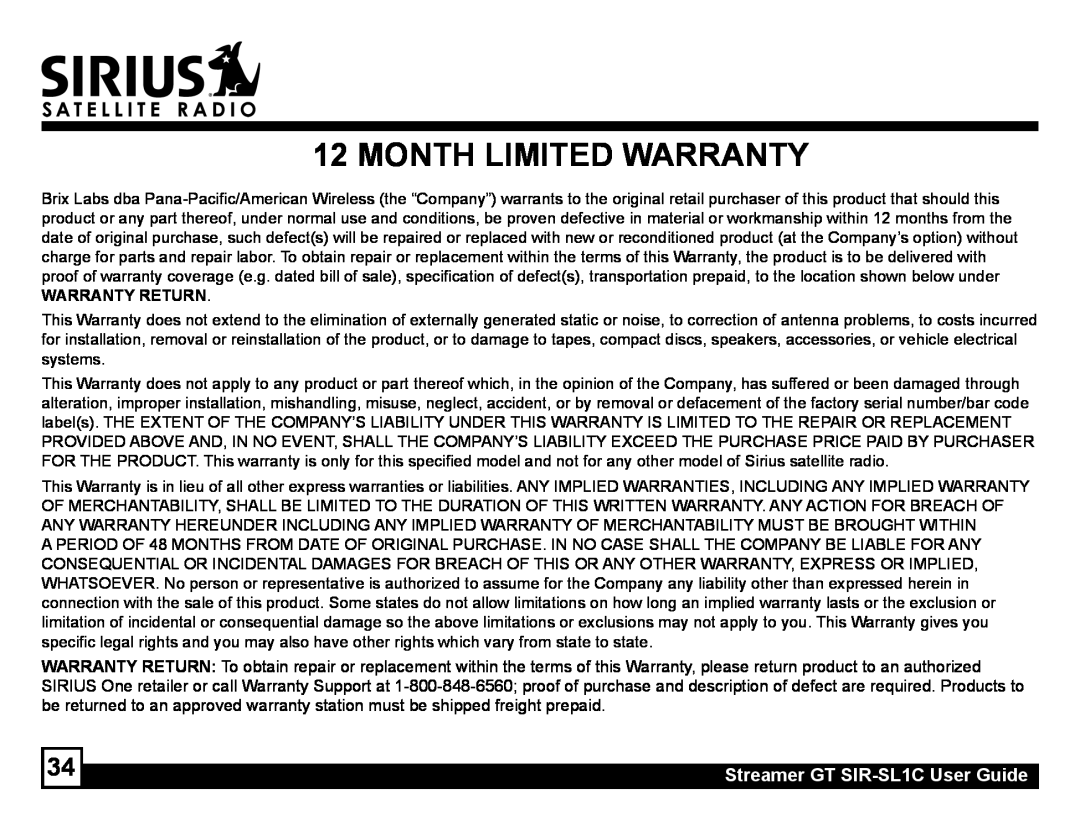 Sirius Satellite Radio manual Month Limited Warranty, Streamer GT SIR-SL1CUser Guide, Warranty Return 