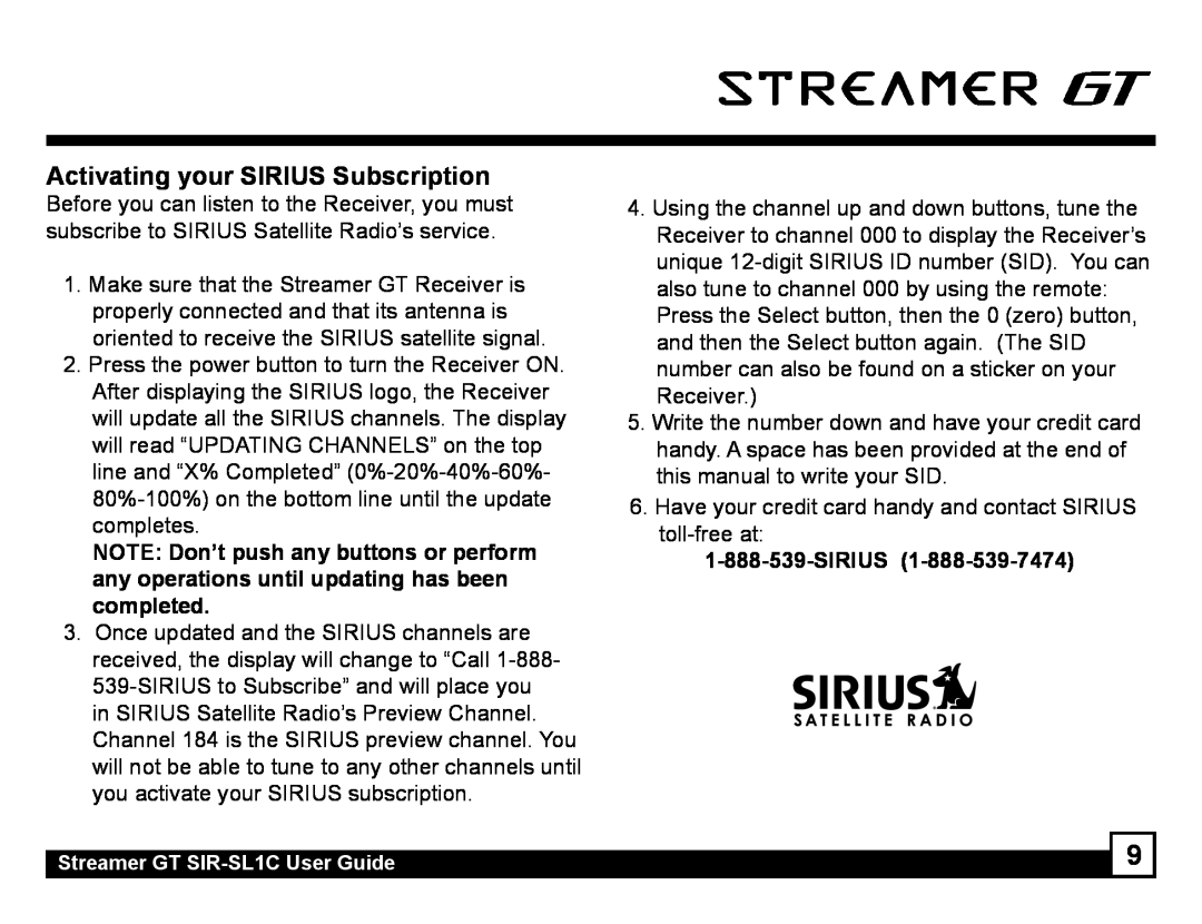 Sirius Satellite Radio SIR-SL1C manual Activating your SIRIUS Subscription, Sirius 