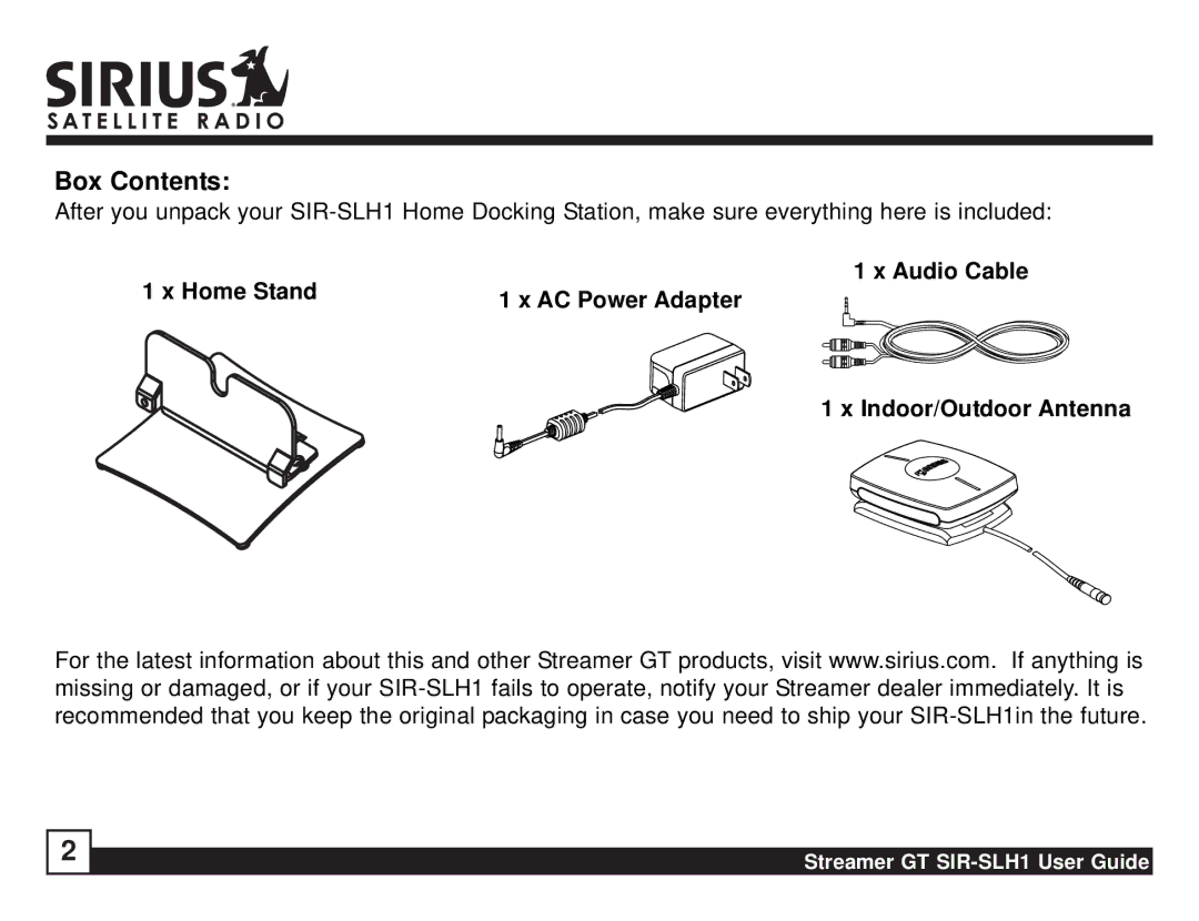 Sirius Satellite Radio SIR-SLH1 manual Box Contents 