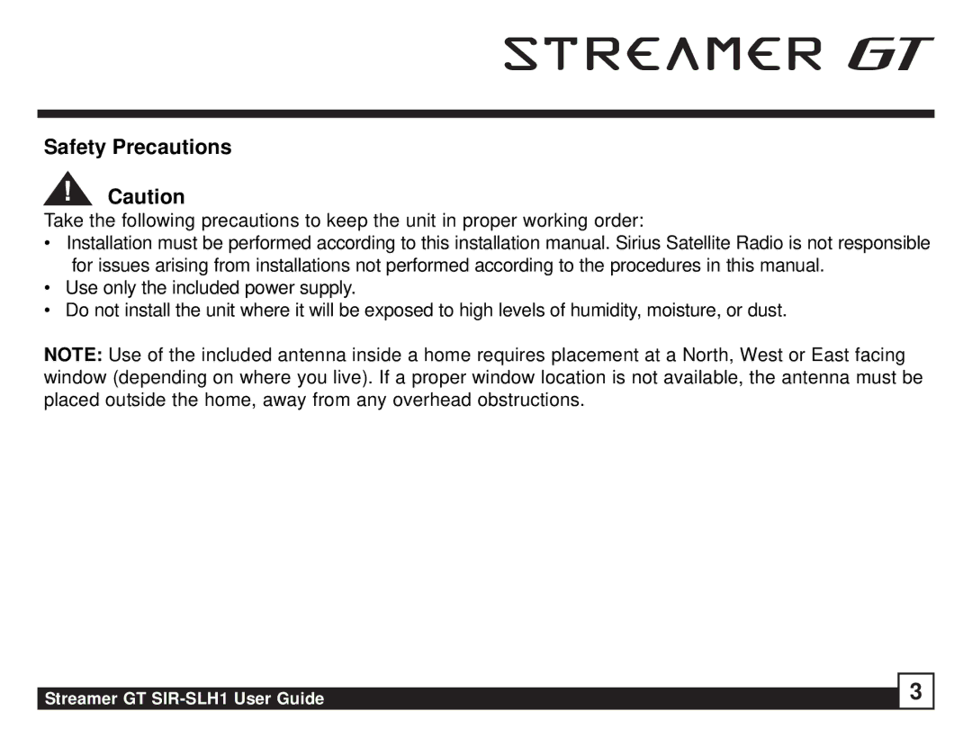 Sirius Satellite Radio SIR-SLH1 manual Safety Precautions 