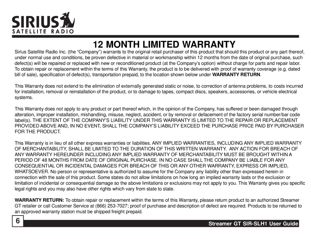 Sirius Satellite Radio SIR-SLH1 manual Month Limited Warranty 